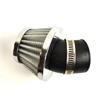 Powerfilter/luchtfilter open 28/35mm aansluiting op carburateur haaks/90 graden hoek TNT blauw/chroom