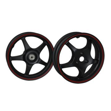 Voorwiel / Achterwiel velgen set Yamaha Aerox zwart DMP (rode bies)