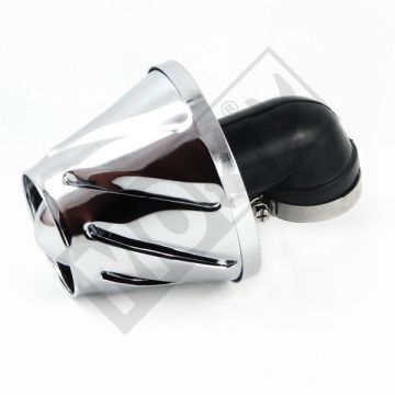 Powerfilter/luchtfilter open universeel Helix 28/35mm aansluiting carburateur onder hoek van 90 graden chroom