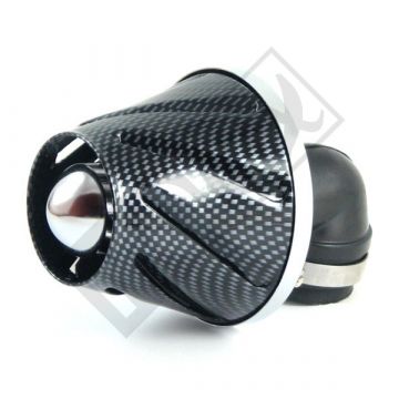 Powerfilter/luchtfilter open universeel Helix 28/35mm aansluiting carburateur onder hoek van 90 graden carbon