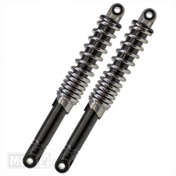 Schokbrekerset 10mm dikte  300mm lengte zwart/chroom extra zware veer Imca