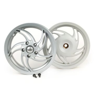Velgenset Piaggio 3.00-12 inch 10 spaken type Fly geschikt voor Vespa Sprint 50 (ZAPC53101),Sprint 125,Sprint 150,Primavera 50 (ZAPC53100),Primavera 125,Primavera 150 zilver