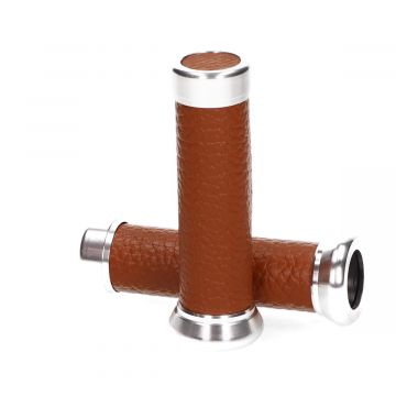 Handvatten Retro Bruin leer met chroom lengte 13cm/22-24mm diameter