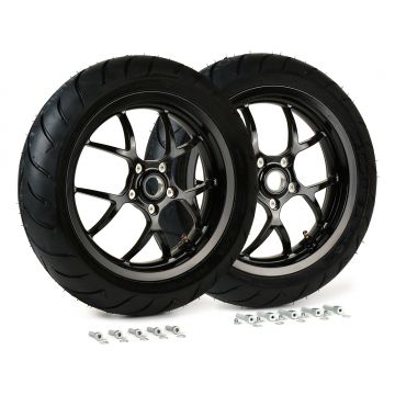 Complete wielset ((v/a) inclusief montageset) BGM PRO Sport 13 inch Dunlop ScootSmart 130 140/60-13 Vespa GTS,GTS Super,​GTV,Sei Giorni,GT 60,​GT,​GT L 125 300cc glanzend zwart