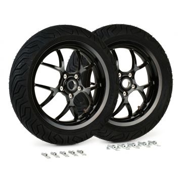 Complete wielset ((v/a) inclusief montageset) BGM PRO Sport 13 inch Michelin City Grip 2 130 140/60-13 Vespa GTS,GTS Super,​GTV,Sei Giorni,GT 60,​GT,​GT L 125 300cc glanzend zwart