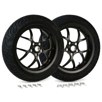 Complete wielset ((v/a) inclusief montageset) BGM PRO Sport 13 inch Michelin City Grip 2 130 140/60-13 Vespa GTS,GTS Super,​GTV,Sei Giorni,GT 60,​GT,​GT L 125 300cc mat zwart