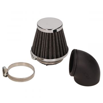 Powerfilter/luchtfilter open type K&N zwart/chroom 42mm aansluiting carburateur/lengte 85mm/schuin 90 graden hoek