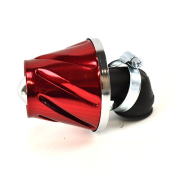 Powerfilter/luchtfilter open universeel Helix 28/35mm aansluiting carburateur onder hoek van 90 graden rood