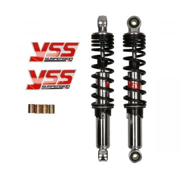 Schokbrekerset YSS hydraulisch 300mm (hart-hart boutgat) universeel Puch Maxi /Tomos A3-A35/Gilera Citta/Camino chroom/zwart