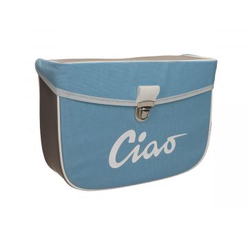 Zijtas/zadeltas retro Vespa Ciao blauw/grijs Moto-Nostra (lengte 30cm/breedte 9cm/hoogte 21cm (verstelbare montagehaken→alle Ciaos)