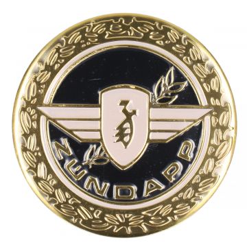 Zundapp tanksticker/embleem dik (zundapp) rond embleem zwart/goud met veer (65mm diameter)