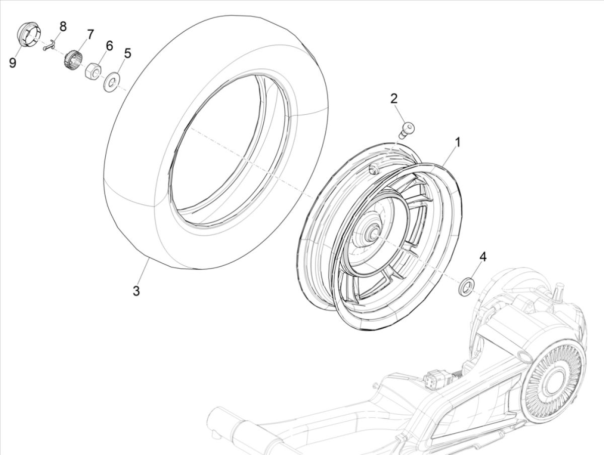Achterwiel Vespa Elettrica 25km/u SCH Euro 5 2021