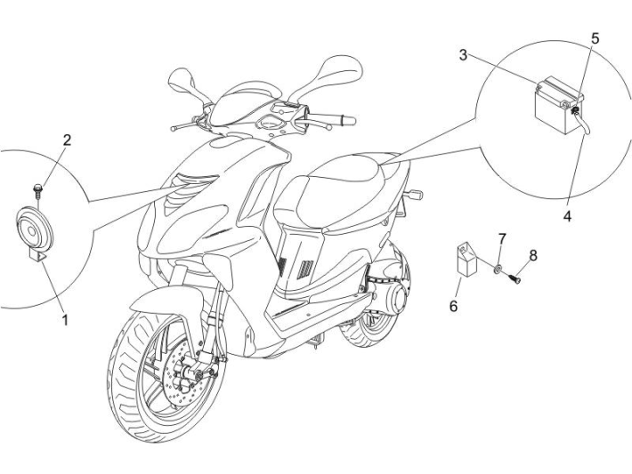 Accu - Claxon - Startrelais Piaggio NRG Power DD 50 2-takt LC 2007-2017