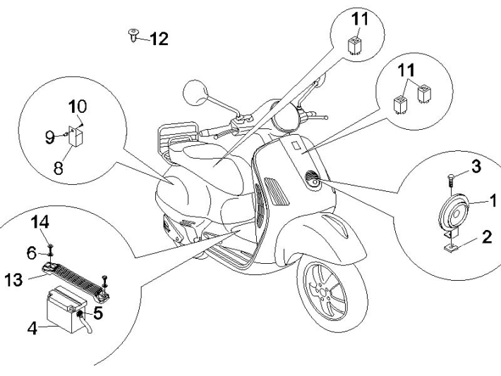Accu - Claxon - Startrelais Vespa GTS 250 ie 2005-2009 (met ABS)