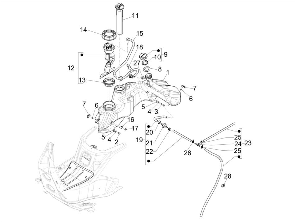 Benzinetank - Tankvlotter - Benzinepomp Vespa GTS 300 HPE 4V IE ABS Euro 4 2019