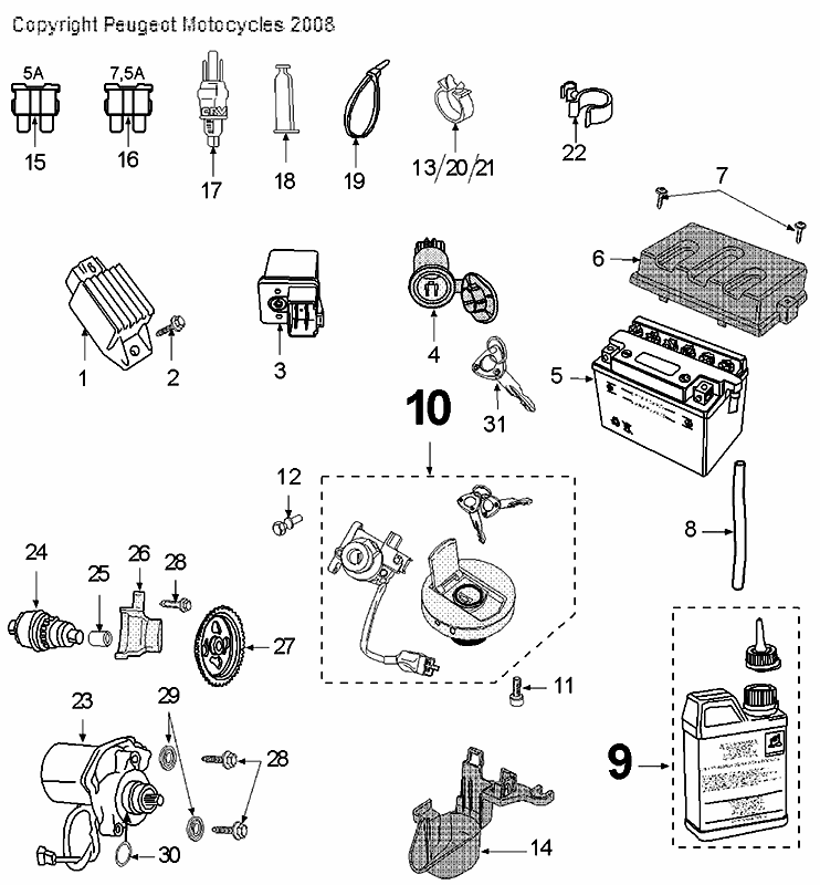 Elektrische delen - Bendix - Startmotor - Accu Peugeot Speedfight 3 50 2-takt LC grijs