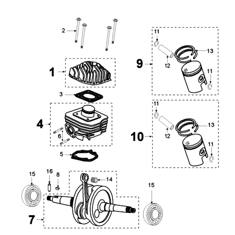 Krukas - Cilinder (aluminium) - Zuiger - Cilinderkop Peugeot Ludix 10 Zwart