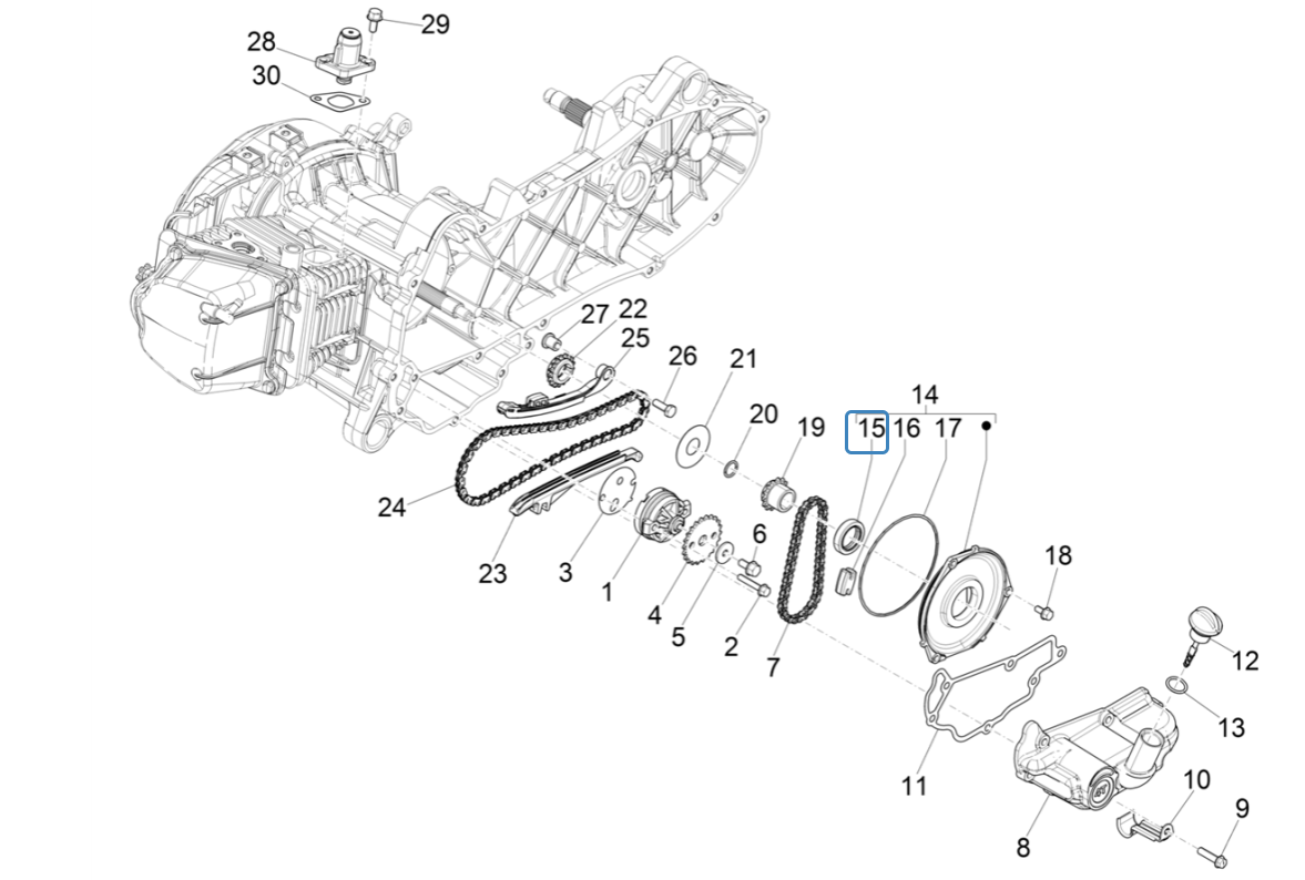 Oliepomp - Distributieketting - Carterpan - Peilstok Vespa Sprint 50 4-takt IGET 3V Euro 5