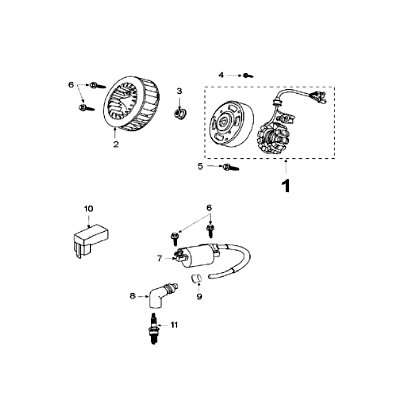 Ontsteking - Stator - Vliegwiel - Bobine - Bougie ( zonder pickup sensor) Peugeot V-Clic 50 4-takt AC Zilvergrijs