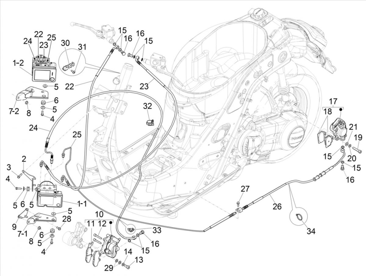 Remcilinder - Remklauw - Remblokken - Remleiding - ABS module Vespa GTS 125 IE ABS Euro 4 2016-2018