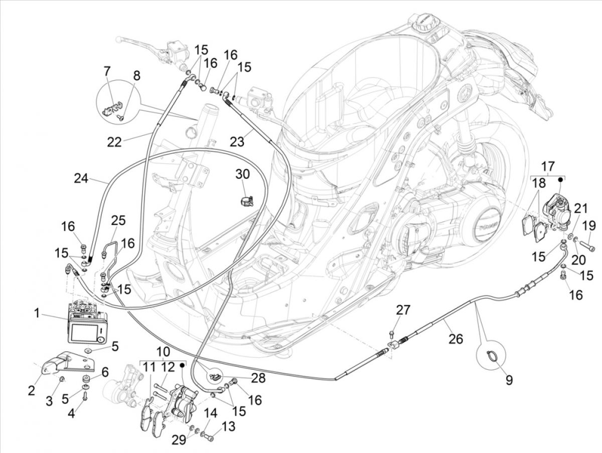 Remcilinder - Remklauw - Remblokken - Remleiding - ABS module  Vespa GTS 300 HPE 4V IE ABS Euro 4 2019