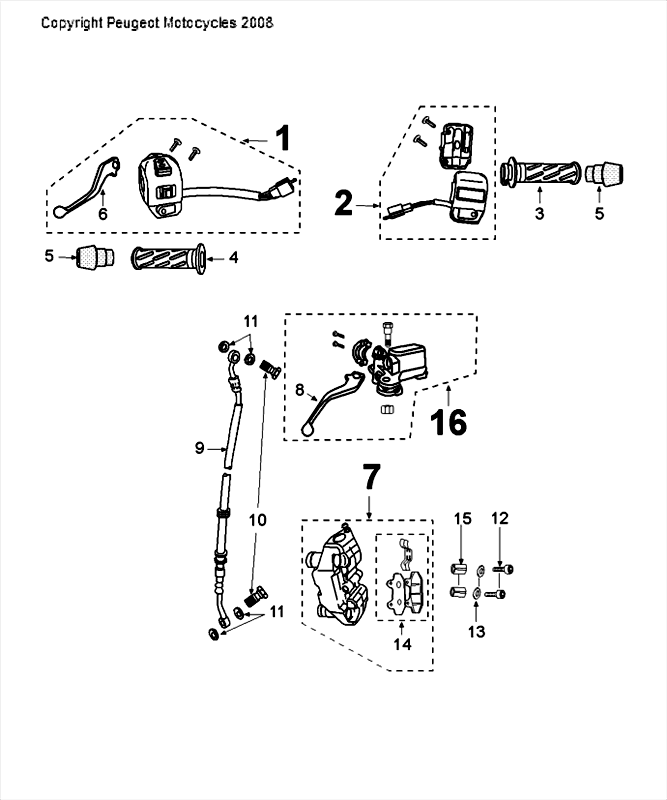 Remcilinder - Remklauw - Remblokken - Remleiding - Stuurschakelaars Peugeot Speedfight 4 50 2-takt LC wit