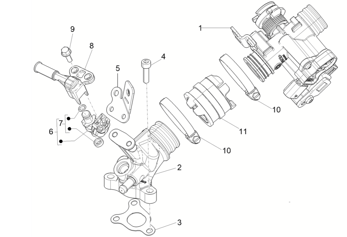 Gasklephuis- Inlaatspruitstuk - Injector Vespa Sprint 50 4-takt IGET 3V Euro 5
