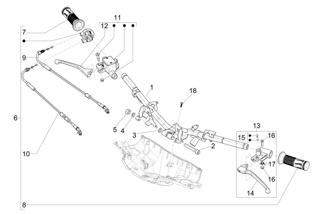 Stuur - Remcilinder- Gaskabel - Handvatten Vespa Sprint 125 3V IE ABS