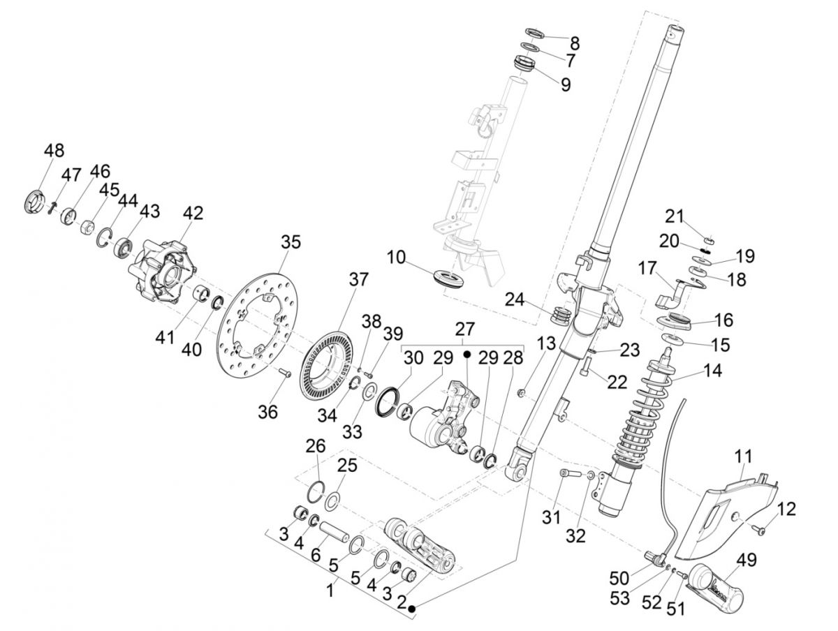 Voorvork - Balhoofdstel Vespa Sprint 125 3V IE ABS Euro 5 2021
