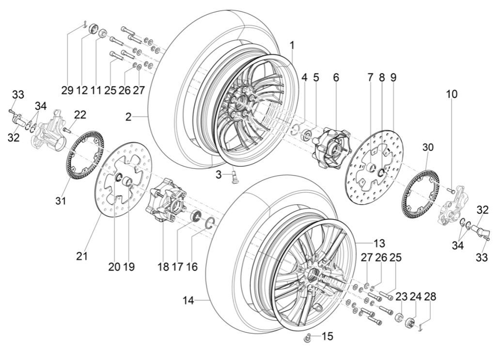 Voorwiel Piaggio MP3 300 HPE / 300 HPE Sport ABS Euro 5 2020-2022